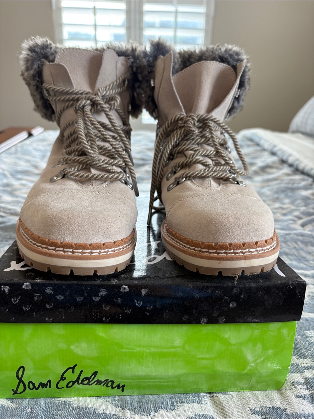 Sam Edelman Beige Suede Lace-Up Fur-Trim Boots
